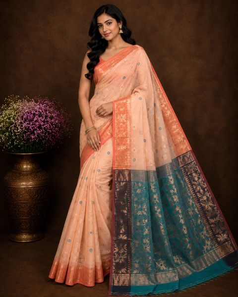 Peach Pure Handloom Dhakai Jamdani Saree From Bengal