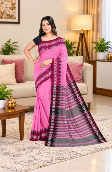 Dark Pink Pure Handloom Cotton Saree From Bengal