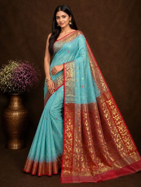 Aqua blue Pure Handloom Dhakai Jamdani Saree From Bengal