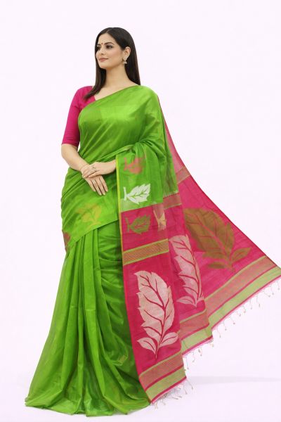 Elegant Green Handloom Silk Cotton Saree with Pink Leaf Motif & Blouse