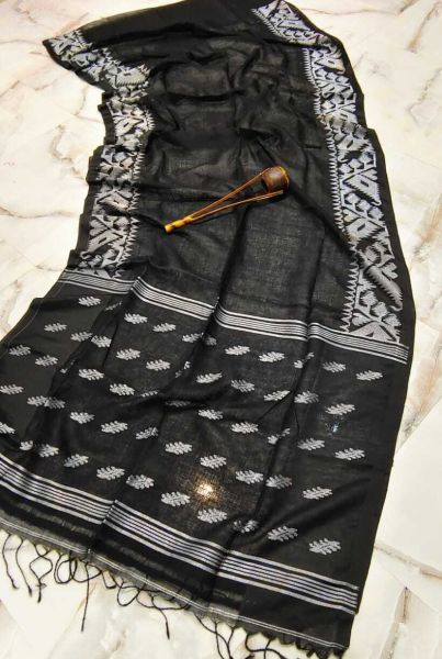 Black Butta Design Dhakai Jamdani Linen Organic Saree From Bengal