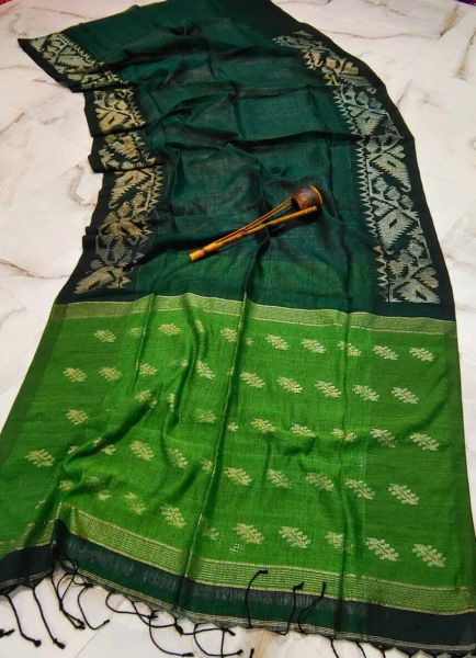 Aqua Green And Parrot Green Dhakai Jamdani Linen Organic Saree From Bengal