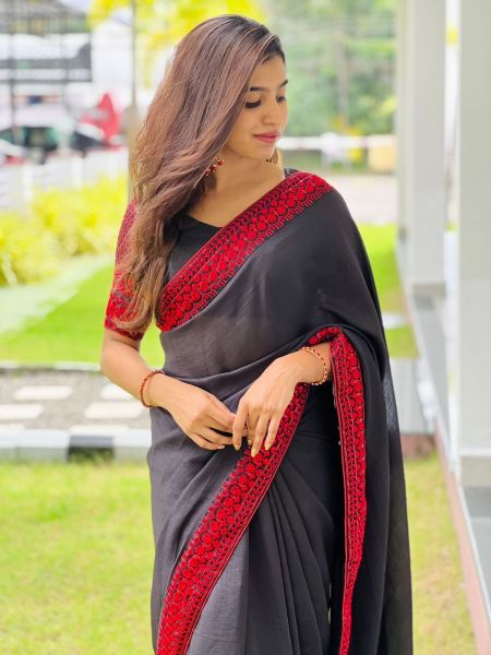 Black Plain Body Embroidery & Sequence Work Silk Saree