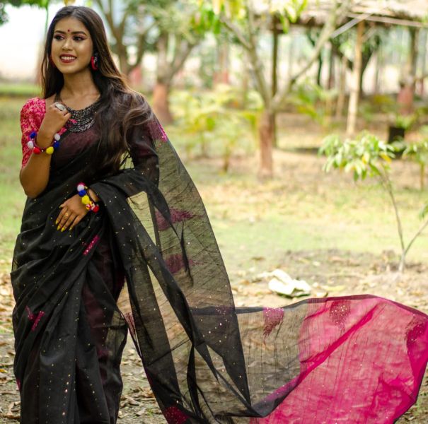 Black Pink Sequence Work Pure Handloom Silk Cotton Saree