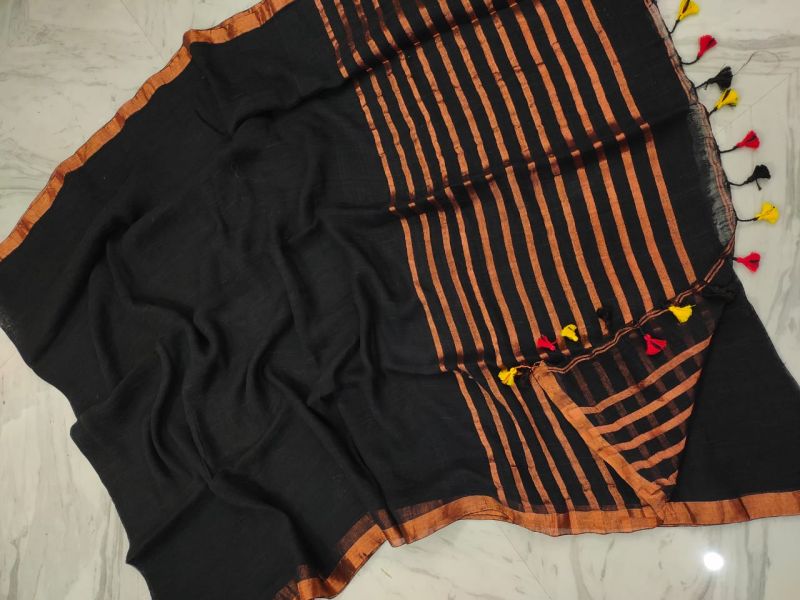 Black Plain Body Linen Saree From Bengal