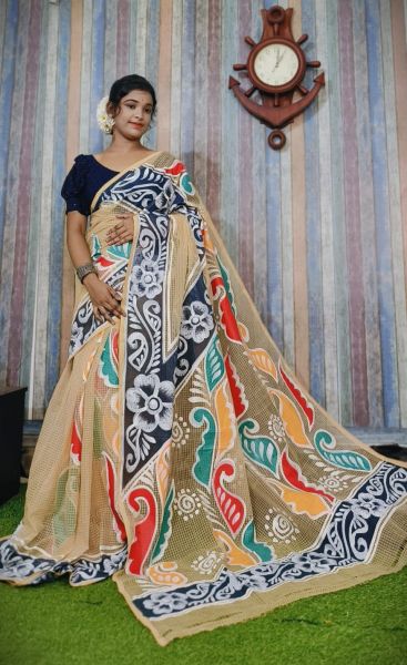 Cream Hand Printed Pure Handloom Resham Kota Saree