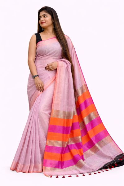 Pink Pure Handloom Tissue Silk Cotton Saree From Bengal