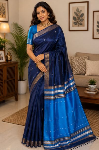 Dark Blue Luxury Pure Handloom Dupion Raw Silk Saree From Bhagalpur