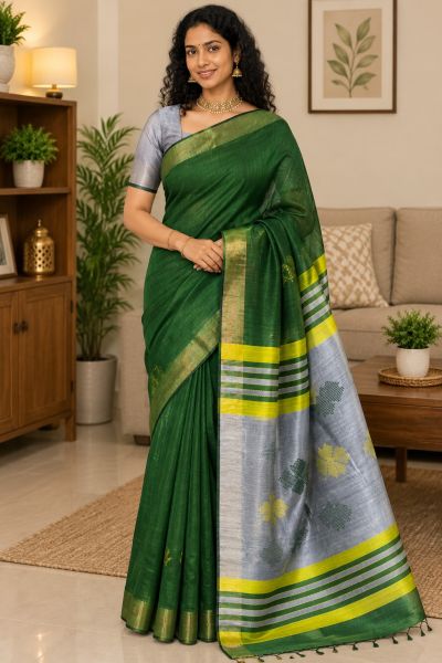 Green Authentic Bhagalpur Pure Handloom Dupion Raw Silk Saree