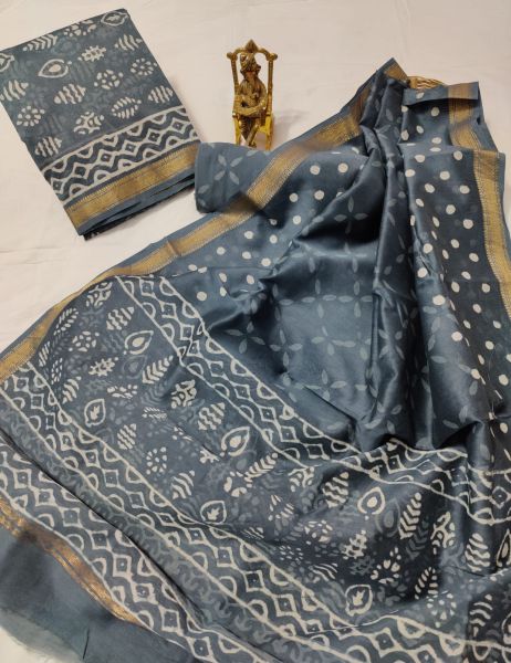 Dark Grey Hand Block Printed Maheswari Silk Kurti Dupatta And Cotton Pant