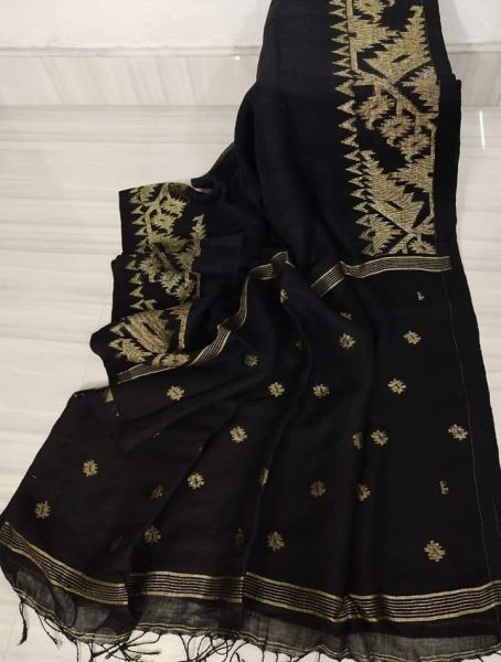 Black Dhakai Jamdani Linen Organic Saree From Bengal