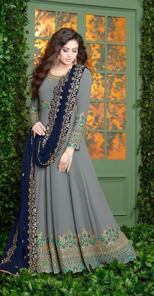 Gray Gown With Dupatta Georgette Embroidery Stone Work