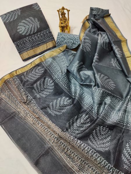 Dark Grey Hand Block Printed Maheswari Silk Kurti Dupatta And Cotton Pant