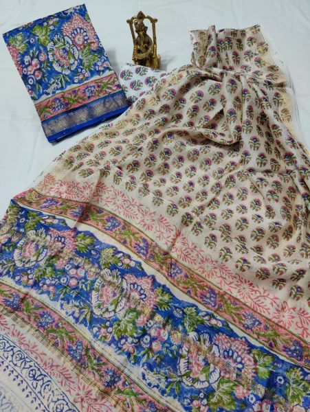 Cream Blue Hand Block Printed Maheswari Silk Kurti Dupatta And Cotton Pant