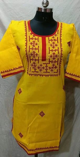 Yellow Red Pure Handloom kurti From Bengal