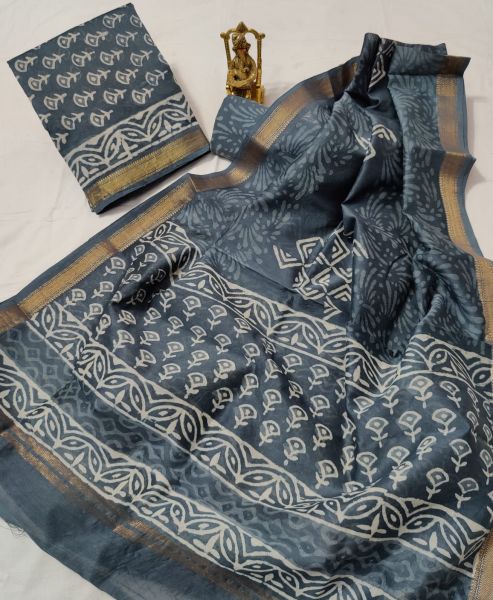 Navy Blue Hand Block Printed Maheswari Silk Kurti Dupatta And Cotton Pant