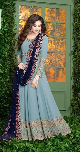 Blue And Gray Gown With Dupatta Georgette Embroidery Stone Work