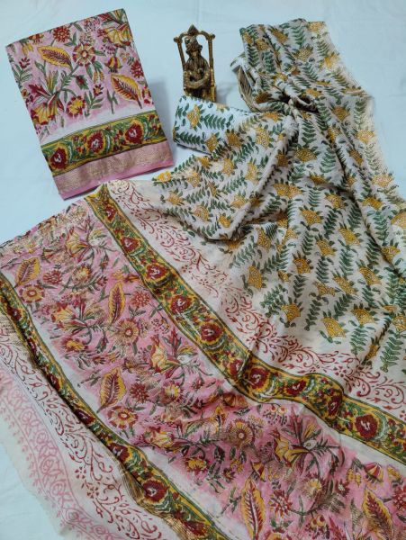 Pink White Hand Block Printed Maheswari Silk Kurti Dupatta And Cotton Pant