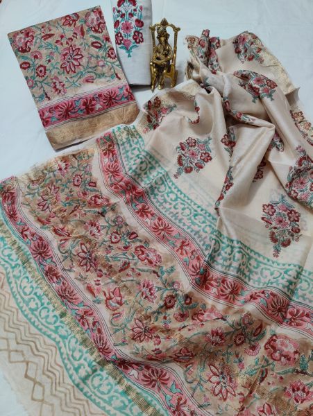 Cream Hand Block Printed Maheswari Silk Kurti Dupatta And Cotton Pant