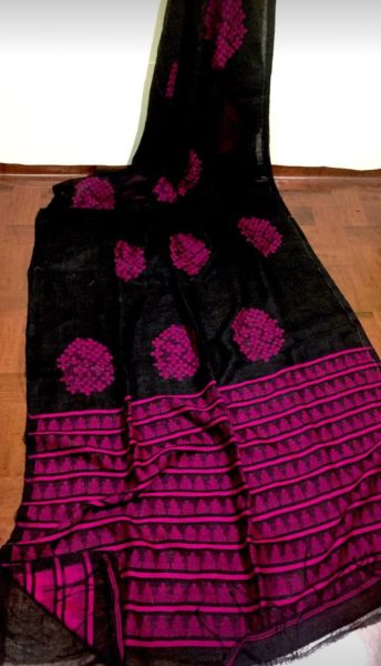 Black Leaf Design Pure Handloom Linen Saree