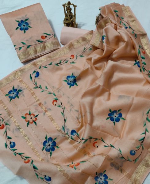 Peach Hand Block Printed Maheswari Silk Kurti Dupatta And Cotton Pant