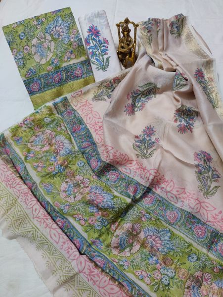 Cream Green White Hand Block Printed Maheswari Silk Kurti Dupatta And Cotton Pant