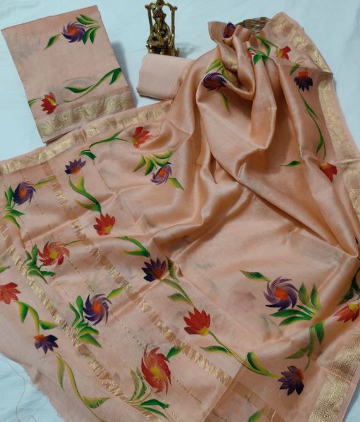 Peach Hand Block Printed Maheswari Silk Kurti Dupatta And Cotton Pant
