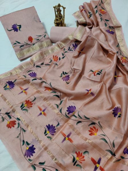 Peach Hand Block Printed Maheswari Silk Kurti Dupatta And Cotton Pant