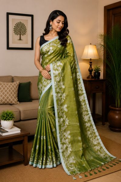Olive Green Pure handloom Tissue Cotton Saree From Bengal