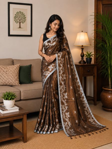 Coffee Brown Pure handloom Tissue Cotton Saree From Bengal