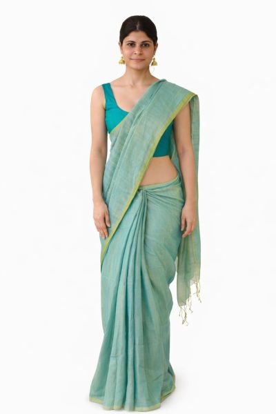 Bright Sky Blue Colour Pure Handloom Tissue Cotton Saree from Bengal