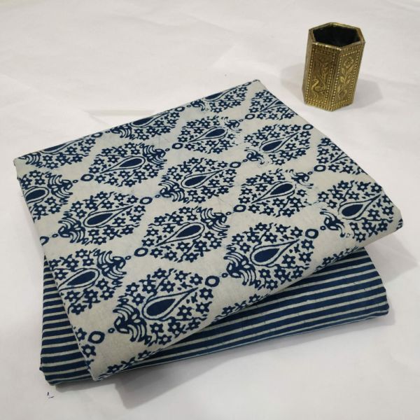 White Navy Blue Hand Block Printed Cotton Kurti And Pant