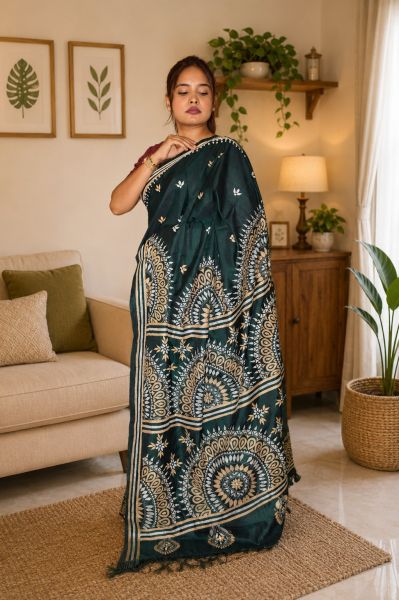 Black Pure Handloom Semi Silk Kanthastitch Saree From Bengal