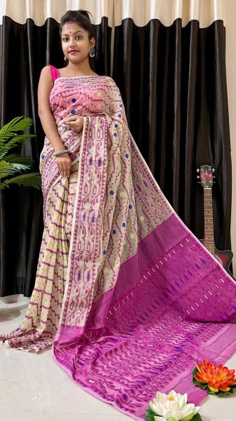 Beige Pink Zig Zag Pure Handloom Dhakai Jamdani Saree