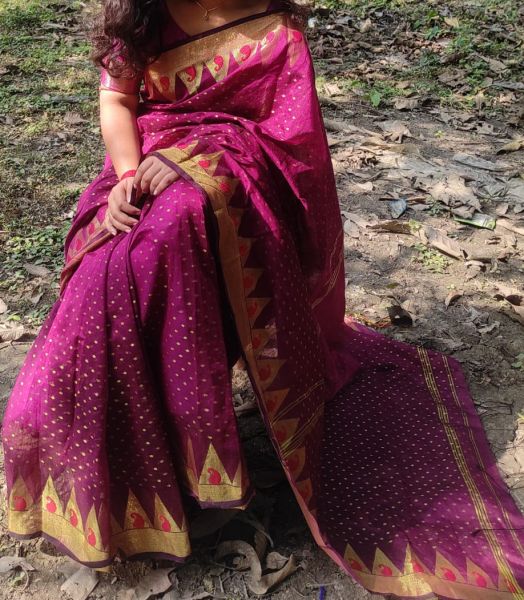 Dark Purple Butta Design Silk Saree From Bengal