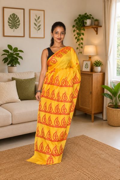 Yellow Pure Semi Silk Kanthastitch Saree From Bengal