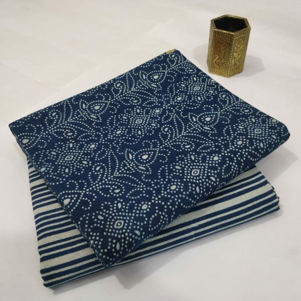 Navy Blue White Hand Block Printed Cotton Kurti And Pant