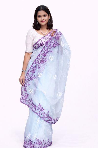 White Chiffon Flower Design Saree From Bengal