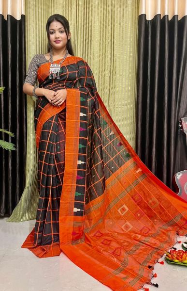Black Orange Box Design Pure Handloom Silk Cotton Saree