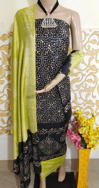 Black Batik Printed Katan Slub Silk Suit Material With Olive Green Dupatta From Bhagalpur