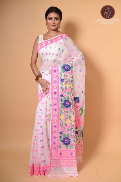 White Dhakai Jamdani Cotton Saree With Baby Pink Border From Bengal