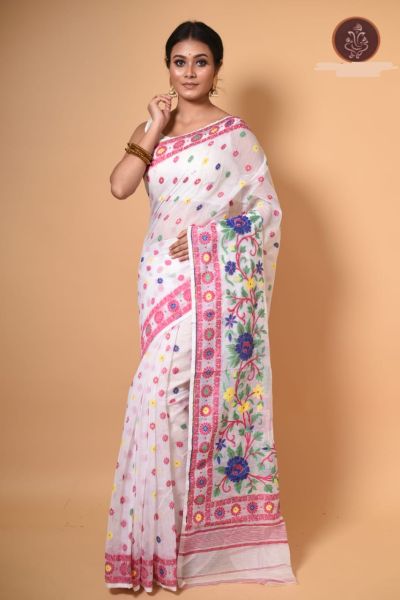 White Dhakai Jamdani Saree With Pink Border From Bengal