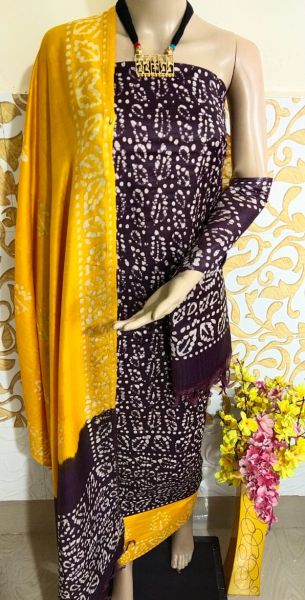 Black Batik Printed Katan Slub Silk Suit Material With Yellow Dupatta From Bhagalpur