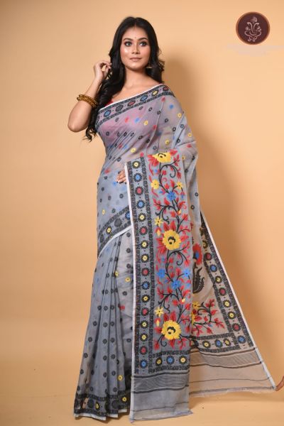 Grey Dhakai Jamdani Saree From Bengal
