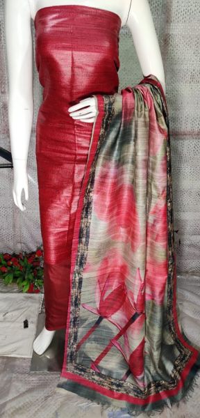 Old Brick Pure Tussar Ghicha Silk Suit With Digital Print Dupatta From Bihar