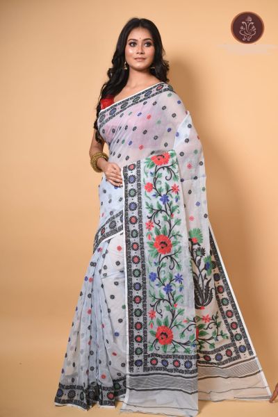 White Flower Design Dhakai Jamdani Saree From Bengal