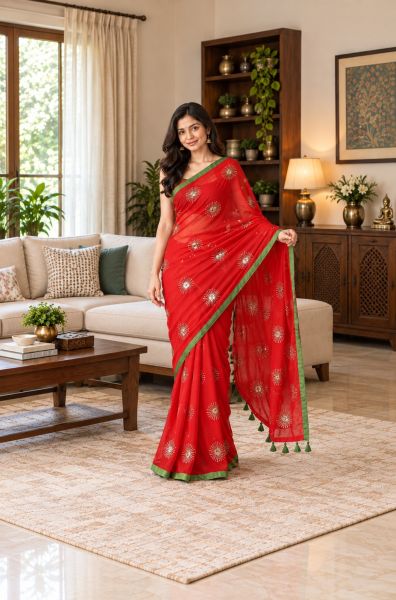 Bright Red Pure Handloom Mulmul Cotton Saree From Bengal