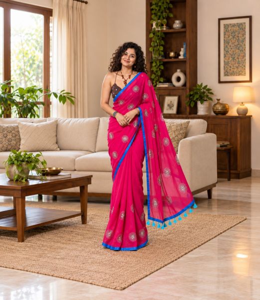 Rani Pink Pure Handloom Mulmul Cotton Saree From Bengal