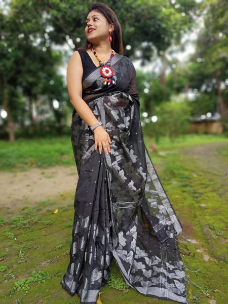 Black Bird Maslin Resome Cotton Dhakai Jamdani Saree From Bengal