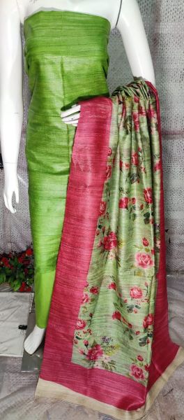 Leaf Green Pure Tussar Ghicha Silk Suit With Digital Print Dupatta From Bihar